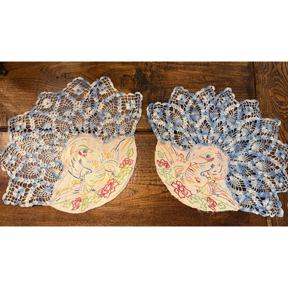 Vintage 1940s Peacock Embroidered Doilies Set Pastel Blue Crochet Lace 13x15